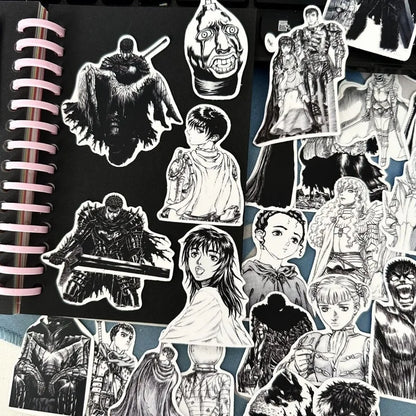 53pcs Berserk Guts Anime Stickers – Black & White Waterproof Laptop, Diary & Luggage Decals