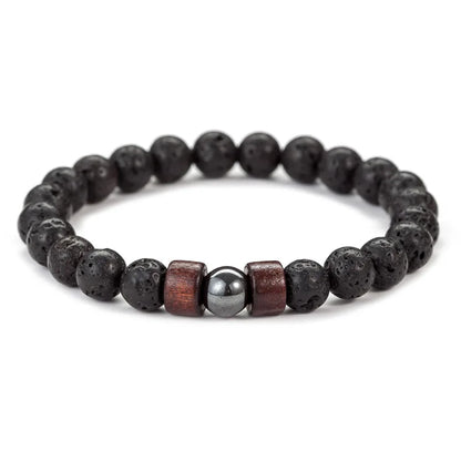 8mm Volcanic Lava Stone Bracelet - Handmade Elastic Beaded Bracelet for Men with Wooden Tibetan Buddha Style