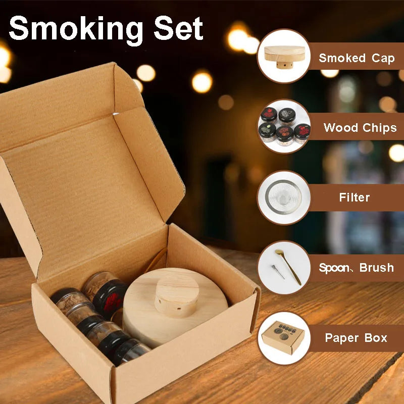 Cocktail Smoker Kit — Whiskey Wooden Smoker with Apple, Cherry, Oak & Pecan Wood Chips, Bar & Kitchen Drink Accessory