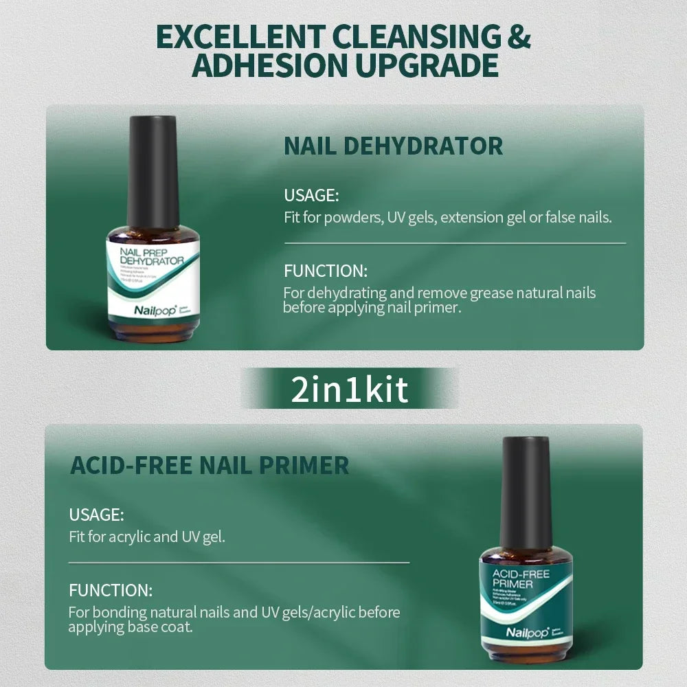 Nailpop Nail Dehydrator & Primer — Acid-Free Natural Nail Prep for Acrylic & UV Gel, Fast Dry Superior Bonding Set