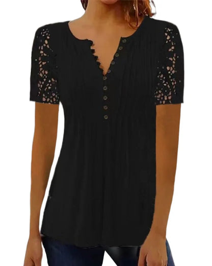 Women’s Summer Floral Lace V-Neck Blouse – Loose Fit Short Sleeve Casual Elegant Printed Fashion Shirt for Spring & Summer Wear