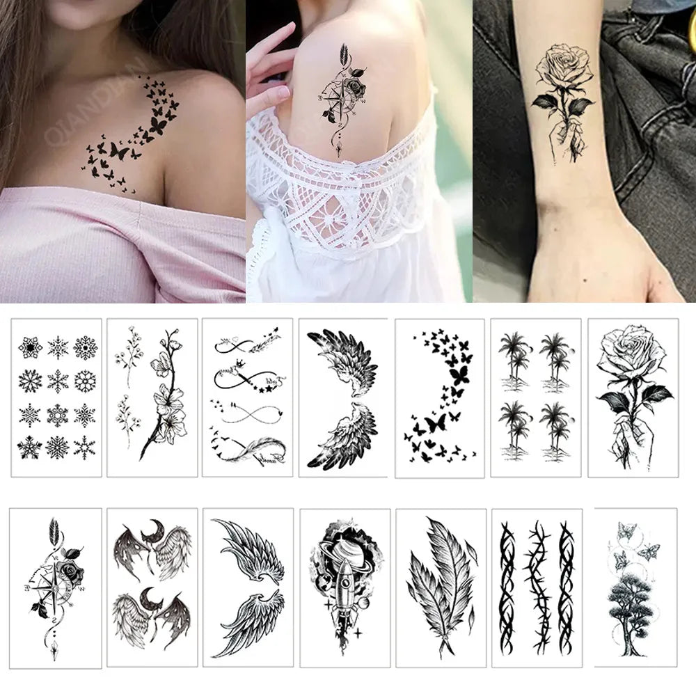 Waterproof Temporary Tattoo Stickers - Mini Black Rose, Butterfly, Arrow, Flower, Wings, Maori, and Snake Designs for Wrist and Neck