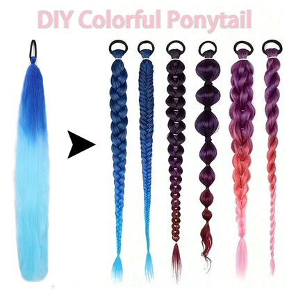 2PCS Synthetic Straight Ponytail Hair Extensions – Colorful Braiding with Elastic Hair Tie for Women