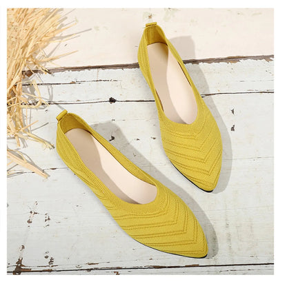 Women’s Solid Color Pointed Toe Knitted Slip-On Flats – Casual Breathable Ballet Loafers