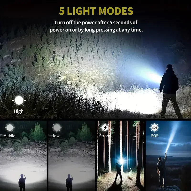 Flashlight Lighter & Power Bank - Rechargeable 5-Mode Zoomable LED Torch for Camping & Emergencies