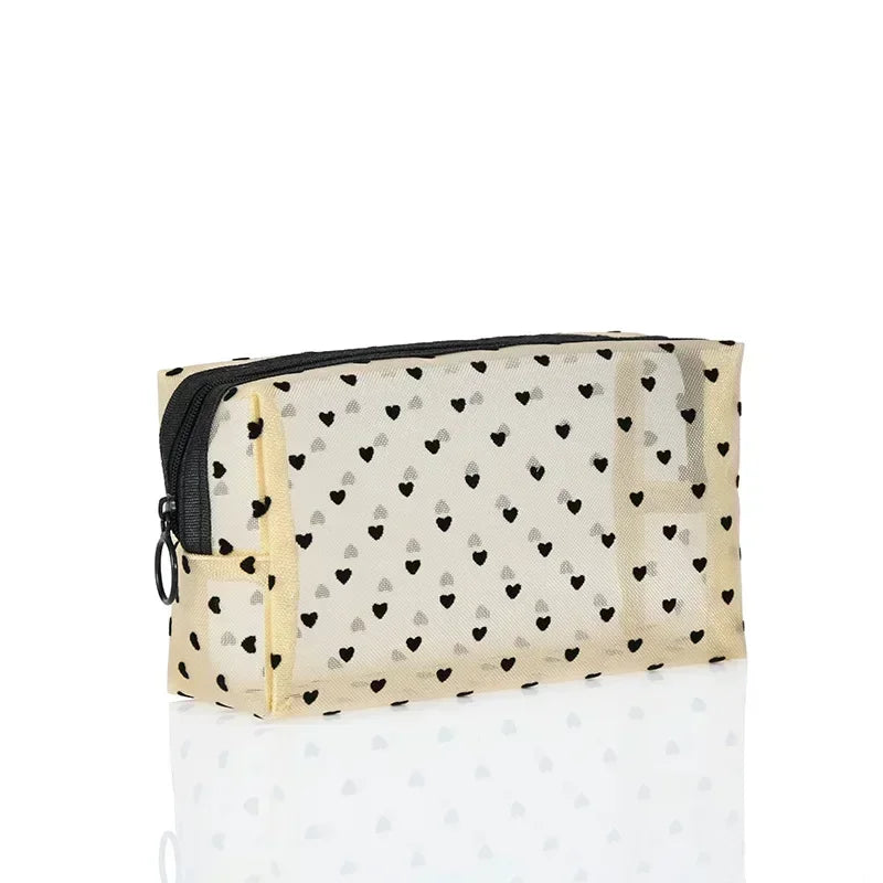 Nylon Mesh Heart-Shaped Cosmetic Bag — Zipper Toiletry & Makeup Organizer Pouch for Women, Multifunctional Lipstick, Key, and Coin Purse