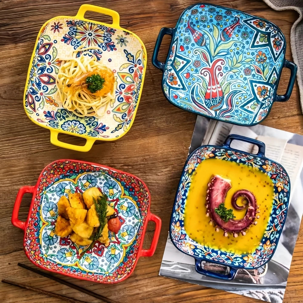 9-Inch Bohemian Style Ceramic Salad Plate with Double Ears — Oven & Microwave Safe Pasta Dish
