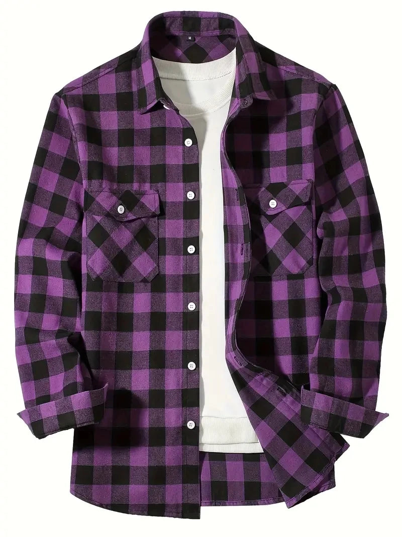 Men’s Brushed Cotton Flannel Shirt - Red Plaid Long Sleeve Business & Casual No-Iron Top