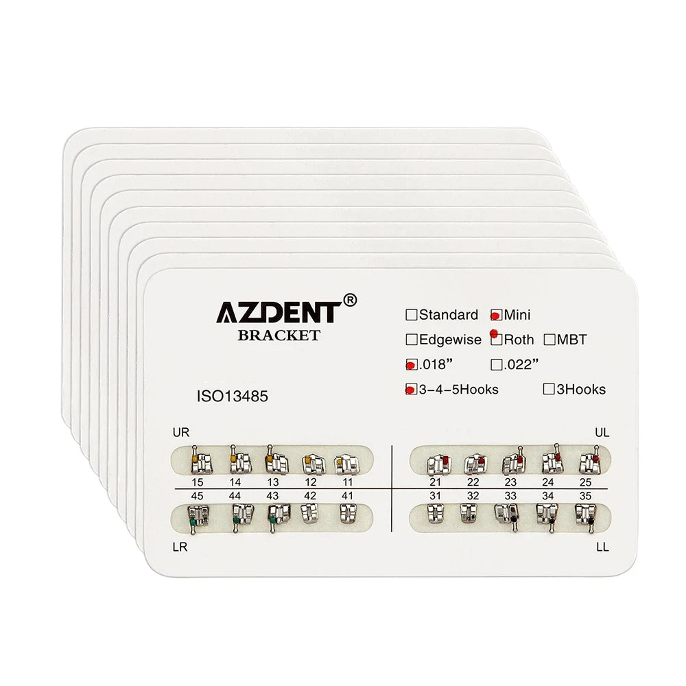 AZDENT 10 Packs Dental Brackets – Orthodontic Metal Mini Standard Roth MBT Slot 0.022/0.018 with Hooks, 20 Pcs per Pack