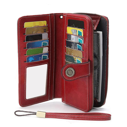 Vintage Large Capacity Women's Purse – Monochromatic Multi-Card Long Wallet with Zipper & Wrist Strap