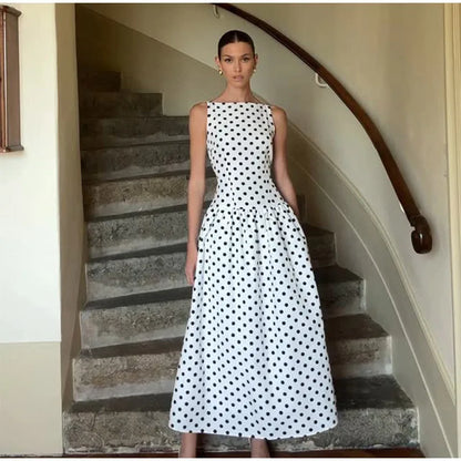 Elegant Women’s Polka Dot Maxi Dress – Chic Sleeveless Round Neck High Waist Slim Fit Vestido for Party & Street, 2025 New