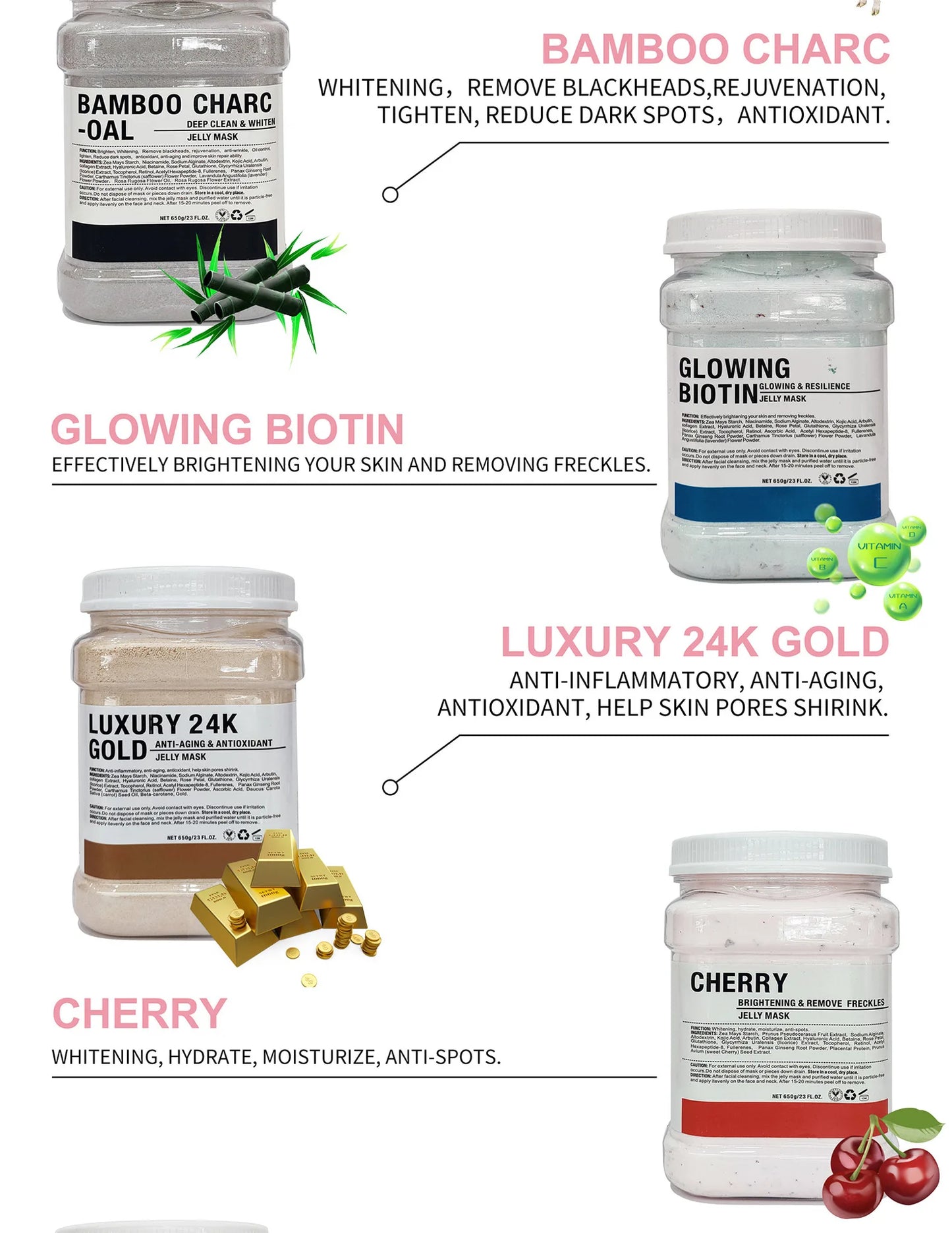 650g Chamomile Hyaluronic Acid Facial Moisturizing Mask Powder with Silicone Brush, Rose Jelly Mask for Skin Elasticity