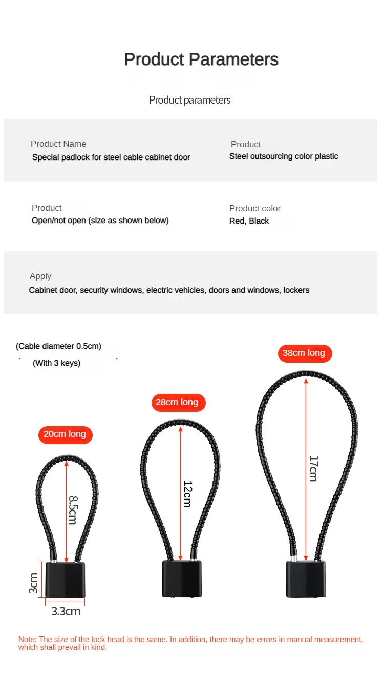 Safety Anti-Theft Hardened Steel Cable Lock – 20/28/38cm Portable Padlock for Guns, Lockers & Outdoor Security