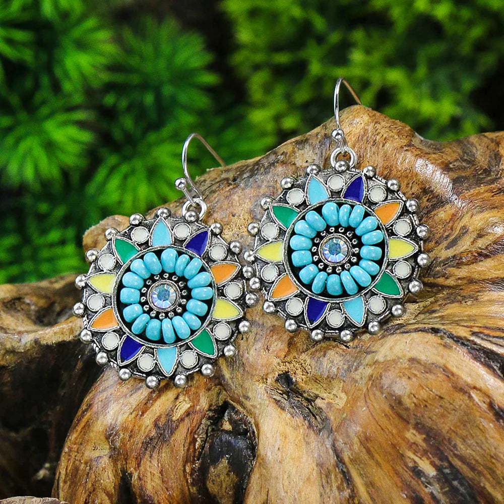 Blue Alloy Turquoise Bohemian Earrings - Retro Geometric Multi-Layer Statement Jewelry