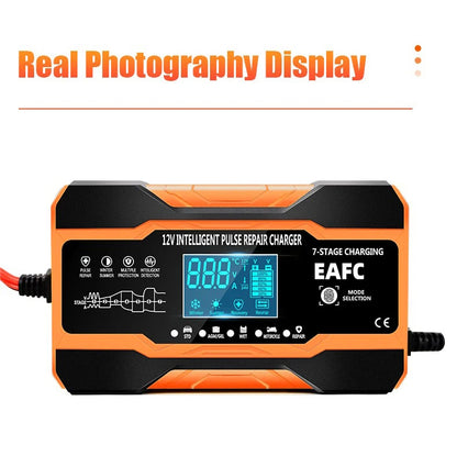 12V/24V Smart Battery Charger — 10A/12A Fast Charger with 7-Stage Pulse Repair for AGM, GEL, WET Lead-Acid Car Batteries