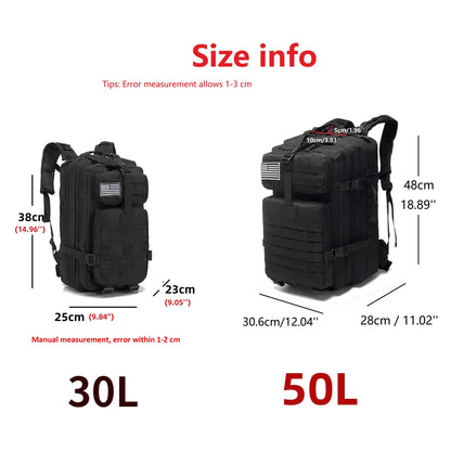 30L/50L Waterproof Nylon Backpack – 1000D Tactical Outdoor Bag for Camping, Hiking, Fishing & Hunting