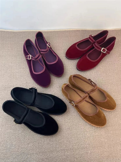 Women's Velvet Mary Jane Shoes – Hand-Stitched Ballet Flats, Casual Streetwear Loafers in Solid Colors