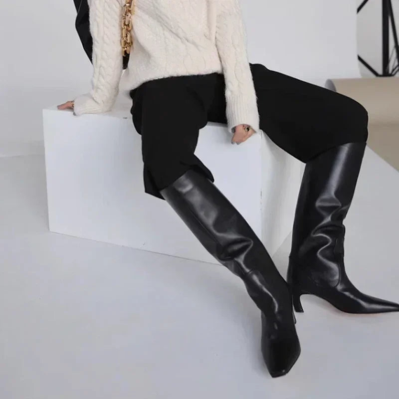 JOZHAMTA Women's Knee Boots – Real Leather, Wide Calf, Fall/Winter 2025 Kitten Heels, Long Tall Casual Dress Boots (Size 34-43)
