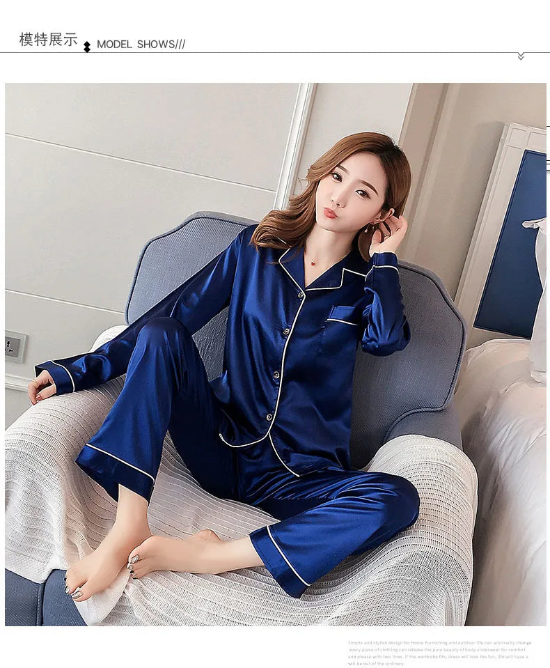 2024 Women's Silk Pajama Set – Sexy Long-Sleeve Cardigan Sleepwear, Ice Silk Pijamas for Home Comfort