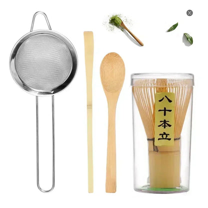 4-Piece Matcha Whisk Set - Handmade Bamboo Tea Whisk, Scoop, Strainer & Storage Holder