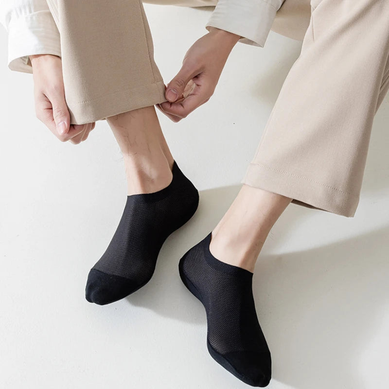 Men’s Ice Silk Mesh Socks – Hollow Breathable Summer No-Show Slippers, Silicone Non-Slip Low-Cut Boat Socks