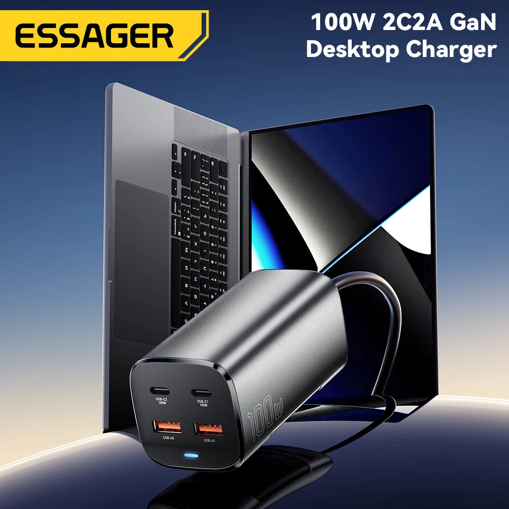 Essager 100W GaN USB-C Charger – Fast Desktop Charger with QC 4.0/3.0 PD for MacBook, iPhone 15, Samsung, Laptop & POPC