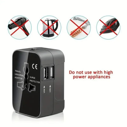 All-in-One Foldable Universal Travel Adapter – EU, UK, US, AU Power Charger with Dual USB 2.1A Ports and Outlet Converter Socket