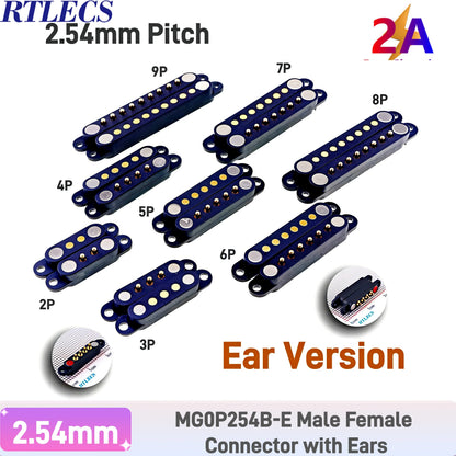 Magnetic Pogo Pin Connector - 2A Spring-Loaded 2.54mm Pitch Male Female PCB BTB Connector, 2–9 Pole Through-Hole Contacts, 1/3/5 Pairs