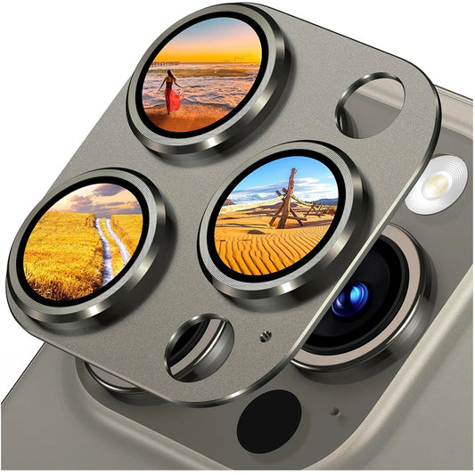 Titanium Gray Metal Camera Lens Protector - Premium Glass Protection Cover for iPhone 15 Pro Max, 14 Pro & 13 Series