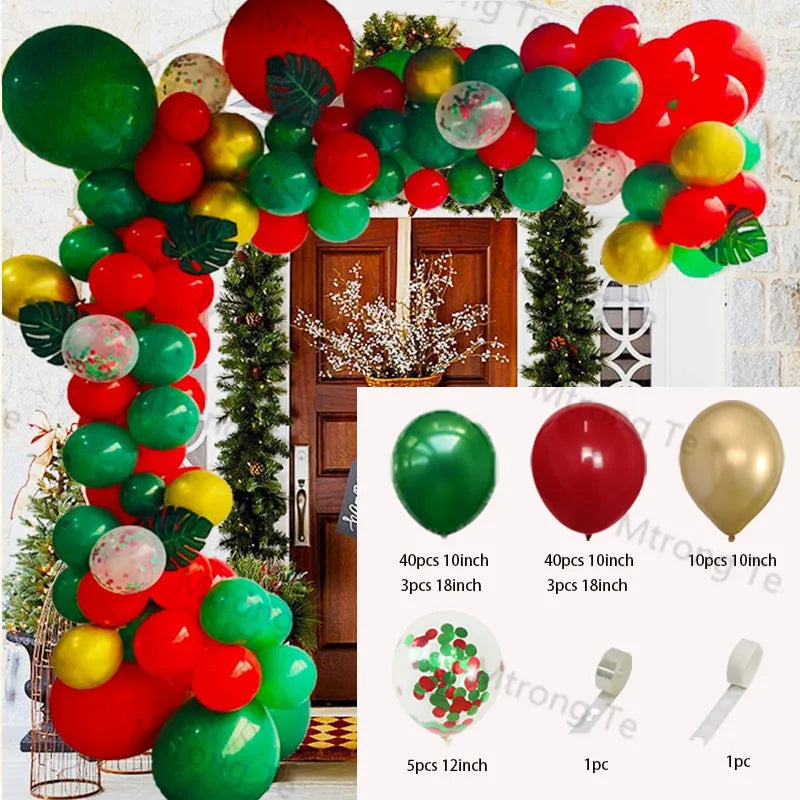 Christmas Balloon Garland Arch – Red & Green Balloons, Star, Santa, and Gift Box Foil Balloons for Xmas and New Year Decoration