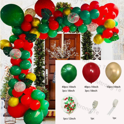Christmas Balloon Garland Arch – Red & Green Balloons, Star, Santa, and Gift Box Foil Balloons for Xmas and New Year Decoration