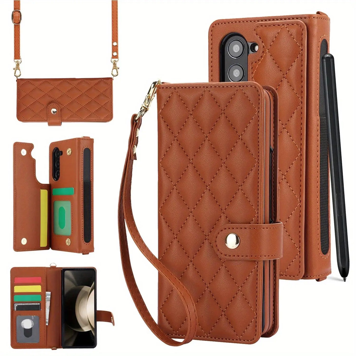 PU Leather Flip Wallet Case for Samsung Galaxy Z Fold 6/5/4/3 5G – Card Holder, Wrist Strap, Crossbody Stand Cover