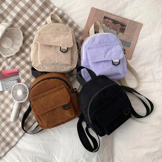 Women's Mini Backpack - Fashionable Solid Color Corduroy Casual Schoolbag with Large Capacity