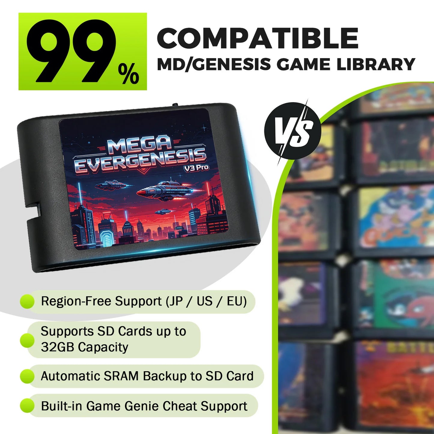 Mega EverDrive V3 Pro Game Cartridge - 3000-in-1 Flash Card for Sega Genesis Mega Drive with 4GB TF Card
