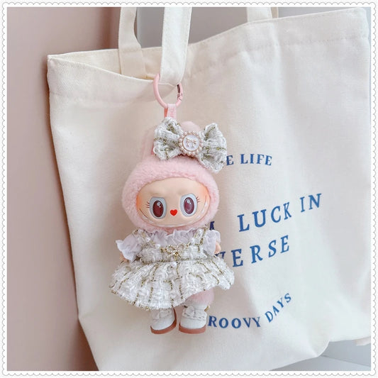 Labubu Doll Accessories — 17cm Luxury Woolen Shawl Suit & Skirt Set with Messenger Bag & Loafers