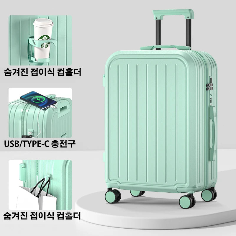 Large Capacity Trolley Suitcase – 20/22/24/26/28" Travel Luggage with Cup Holder for Business & Leisure