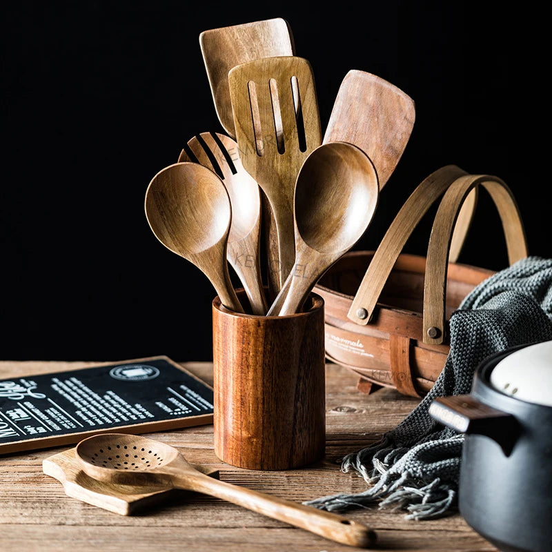 9PCS Teak Wooden Cooking Spoons Set – Kitchen Utensils with Holder