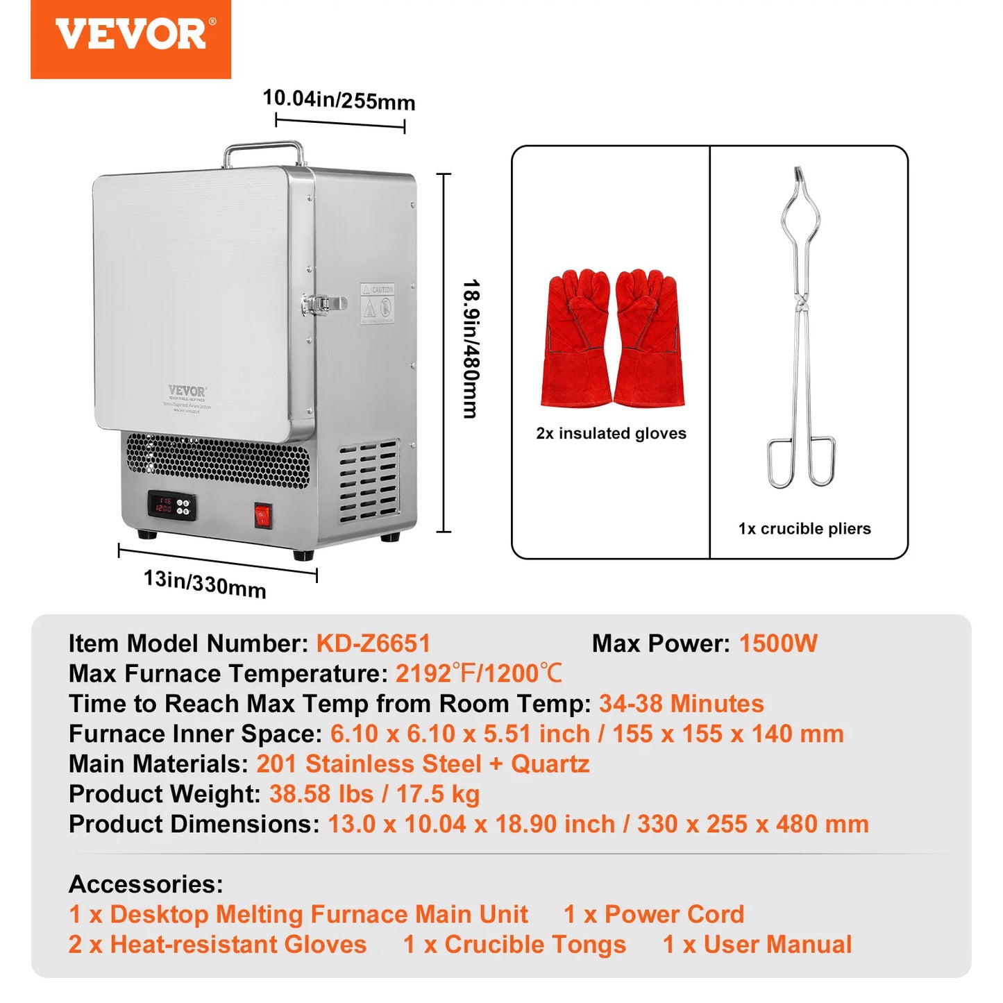VEVOR 1500W Electric Melting Furnace – Max Temp 2192℉ Stainless Steel for Metal Clay, DIY Metal Tempering & Pottery Glazing