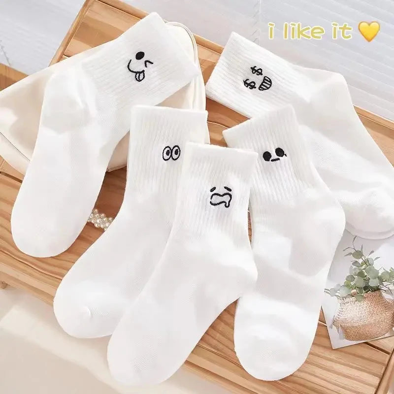 5 Pairs Happy Face Crew Socks – Cartoon Cat Cotton Mid Tube Socks, Breathable Women's Stockings & Hosiery