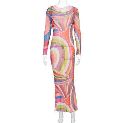 Women’s 2025 Summer Beach Dress – Long Spaghetti Strap O-Neck Dress with Print and Long Sleeves, Fashionable Summer Robe