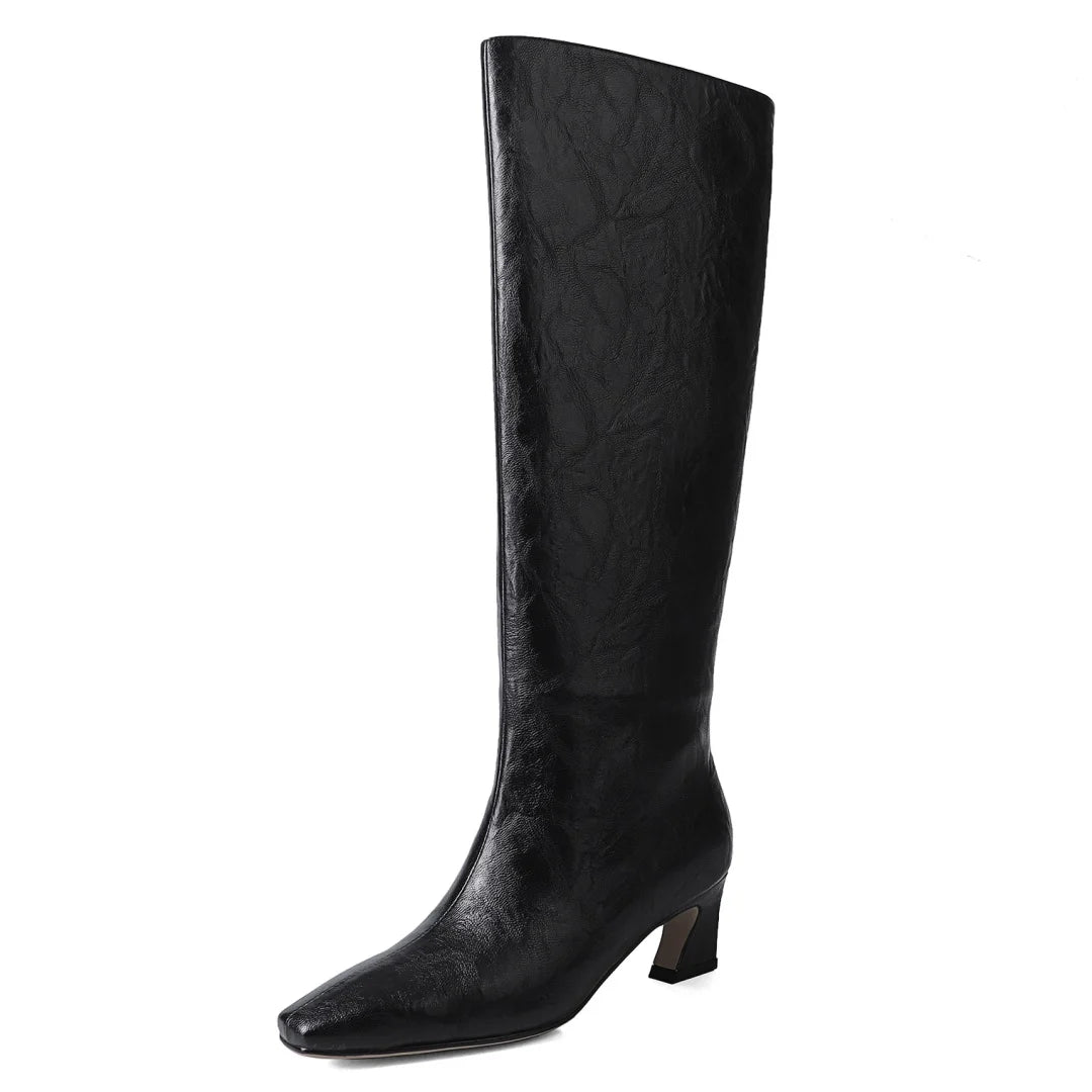 Women’s Genuine Leather Knee-High Boots – 5.5cm Thin Heel, Square Toe Slip-On Autumn Long Boots