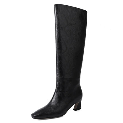 Women’s Genuine Leather Knee-High Boots – 5.5cm Thin Heel, Square Toe Slip-On Autumn Long Boots