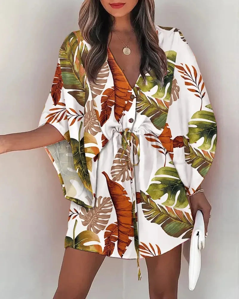 Women’s Floral Summer Dress - V Neck Bat Sleeve Ruffle Boho Dress with Irregular Hem Casual 2024 Style