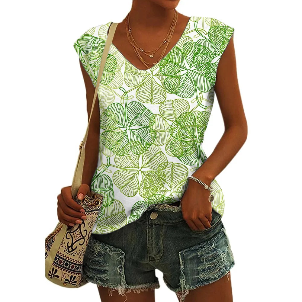 Women’s Floral Print T-Shirt - V Neck Cap Sleeve Loose Fit Summer Beach Top with Breathable Casual Style