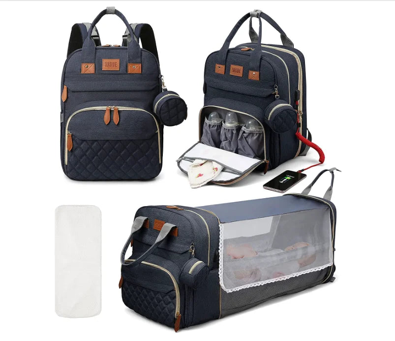 3-in-1 Diaper Bag Backpack – Waterproof Travel Bag with Foldable Baby Bed & USB Charging