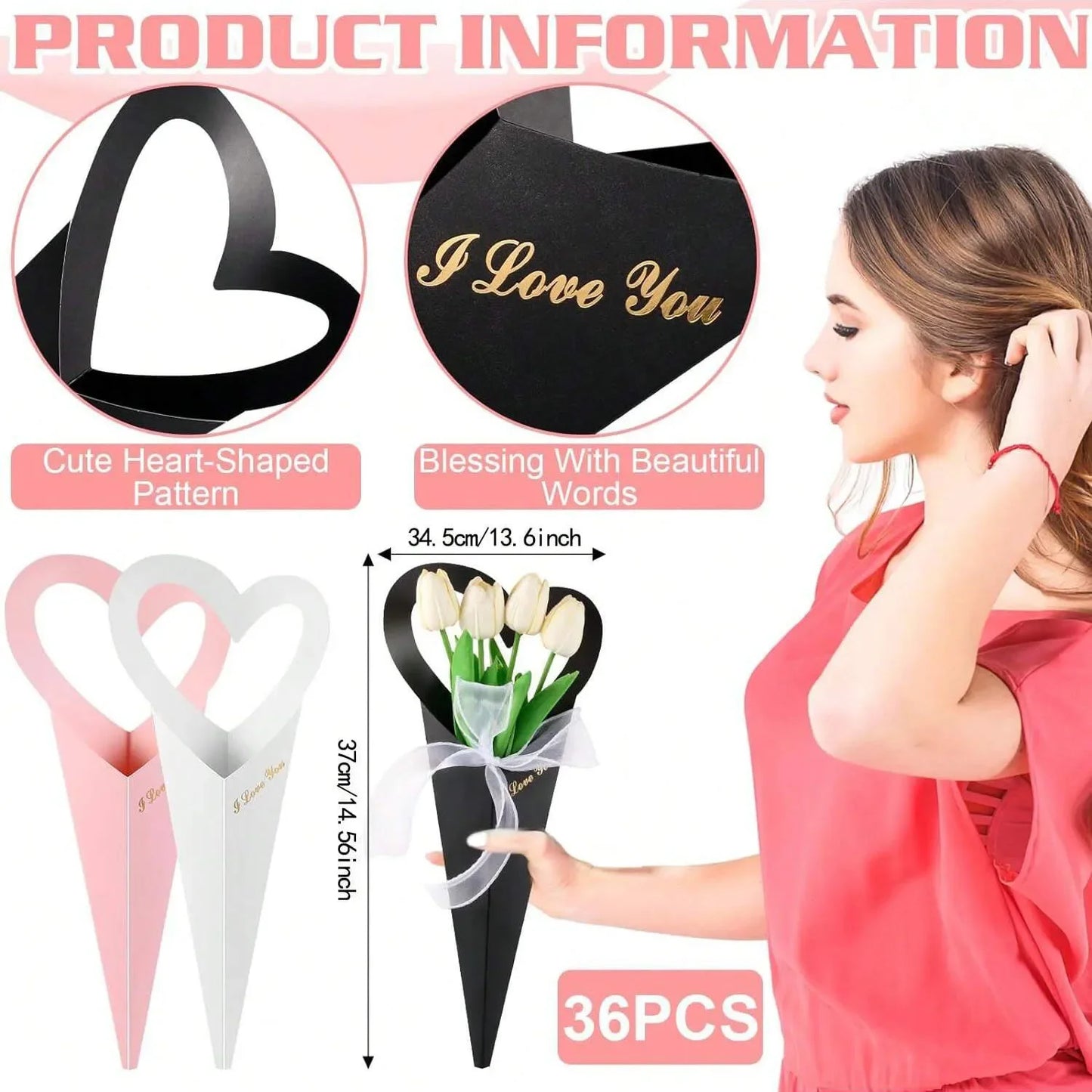 12/24/36PCS Heart-Shaped Bouquet Bags – Floral Packaging & Gift Decoration for DIY Valentine’s Day Gifts