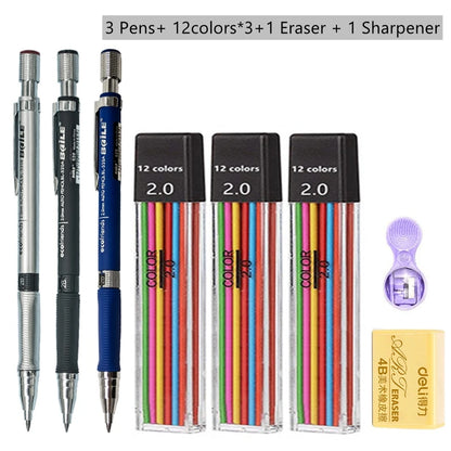 Mechanical Pencil Set 2.0mm – Automatic Pencil with 2B Black & Colored Lead Refills for Writing, Sketching, & Art Drawing