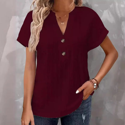 Women’s Casual Short Sleeve V-Neck Button Blouse – Loose Fit Summer Pullover Fashion Shirt