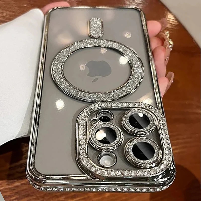 Glitter Diamond Clear Magnetic iPhone Case - Transparent Bumper Cover with Wireless Charging Support for iPhone 12–18 Pro Max & Plus
