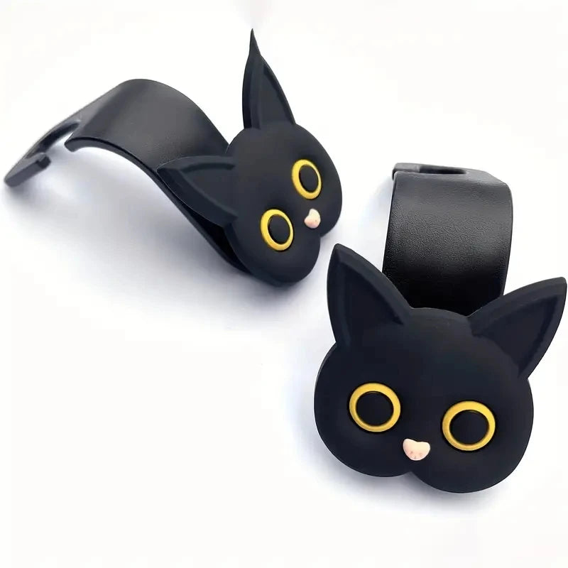 3D Cartoon Cat Car Headrest Hooks - 2-Piece Universal Vehicle Organizer for Bags, Purses & Coats
